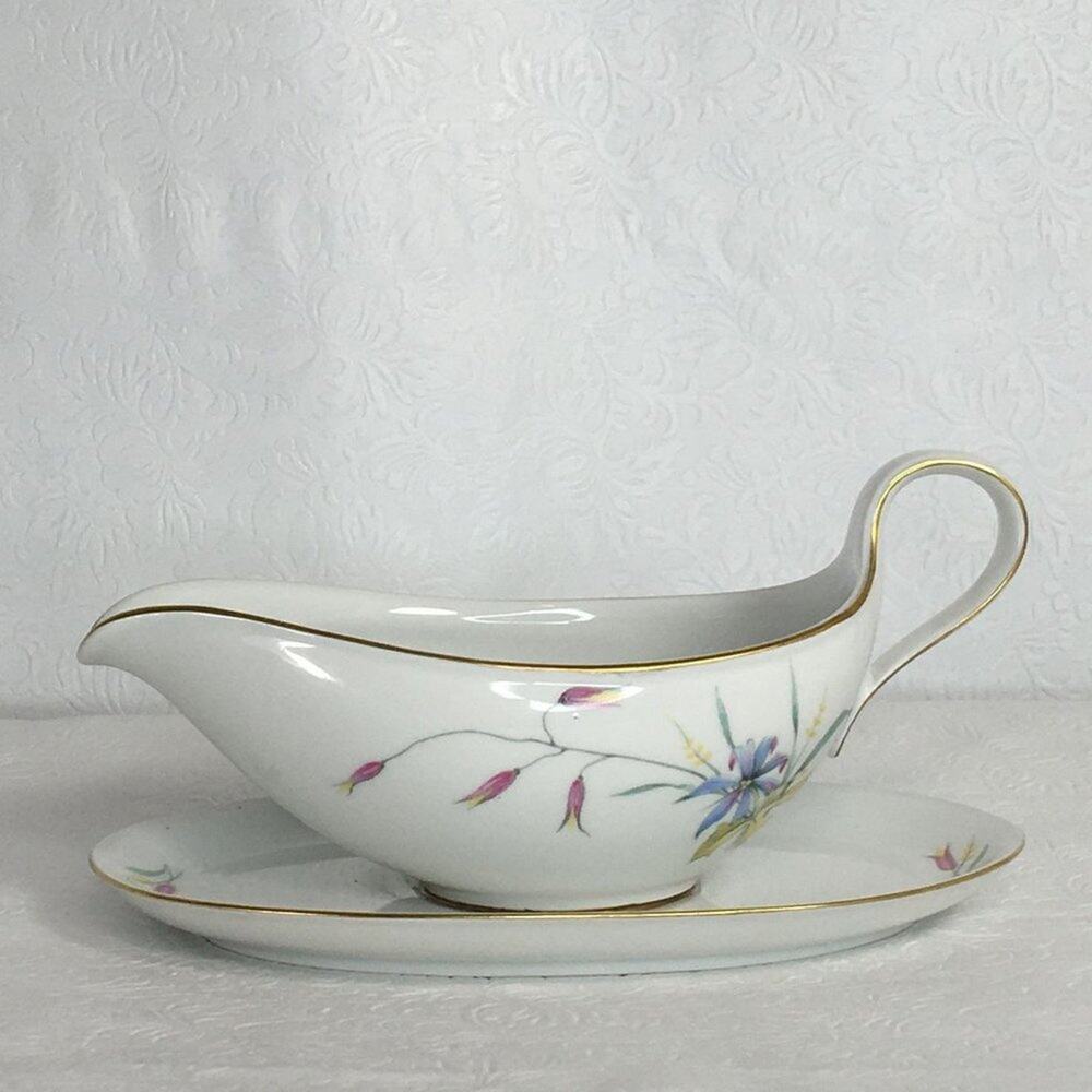 Vintage Eschenbach Gravy Boat with Underplate W1458 Pink Blue Gold Trim